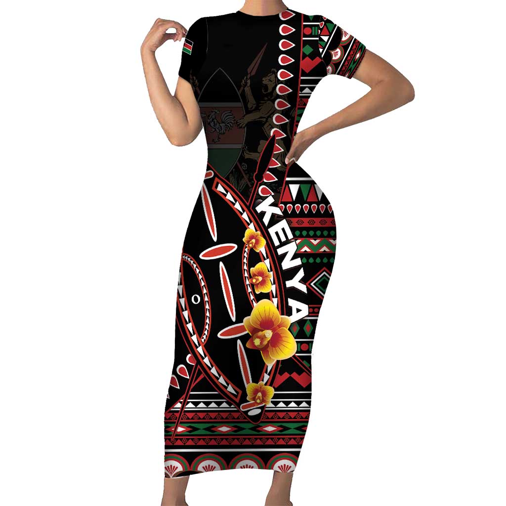 Personalized Kenya Short Sleeve Bodycon Dress Jamhuri ya Kenya Shield