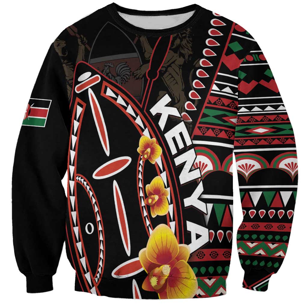 Unisex black sweatshirt with large Kenya shield artwork, tribal stripes, and floral accents