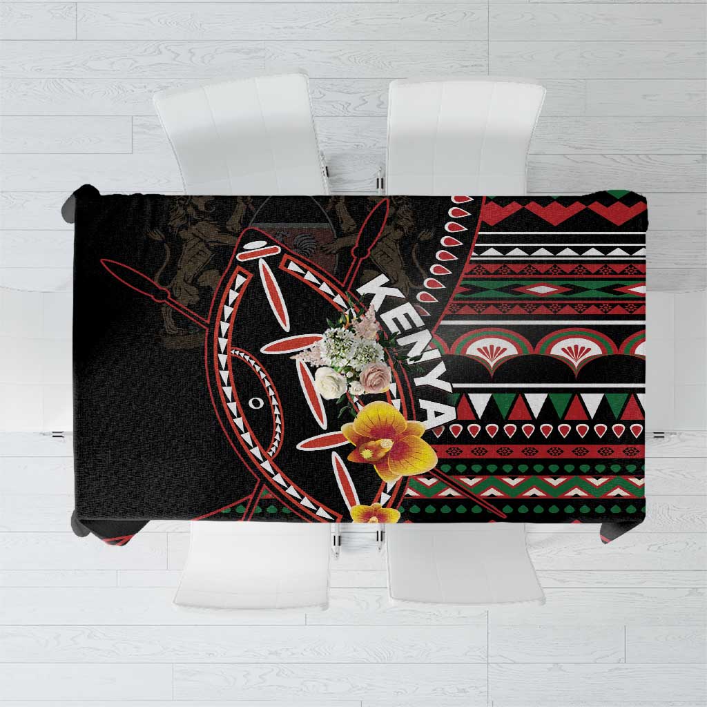 Black Kenya-themed tablecloth with colorful geometric shield and floral accents