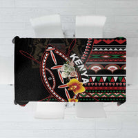 Black Kenya-themed tablecloth with colorful geometric shield and floral accents