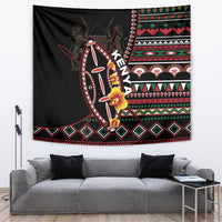 Black tapestry wall hanging with colorful shield motif and striped geometric bands