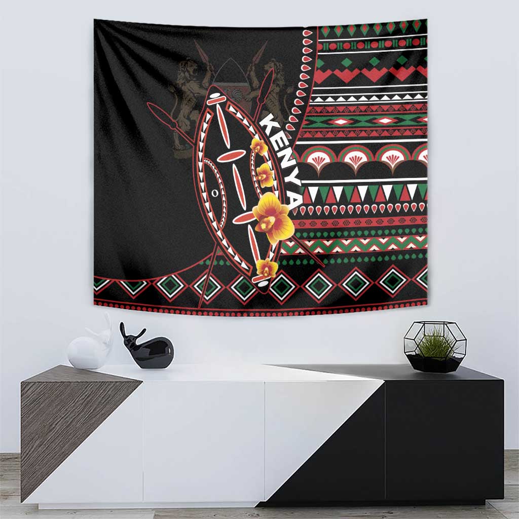 Black tapestry wall hanging with colorful shield artwork and diamond patterned lower border