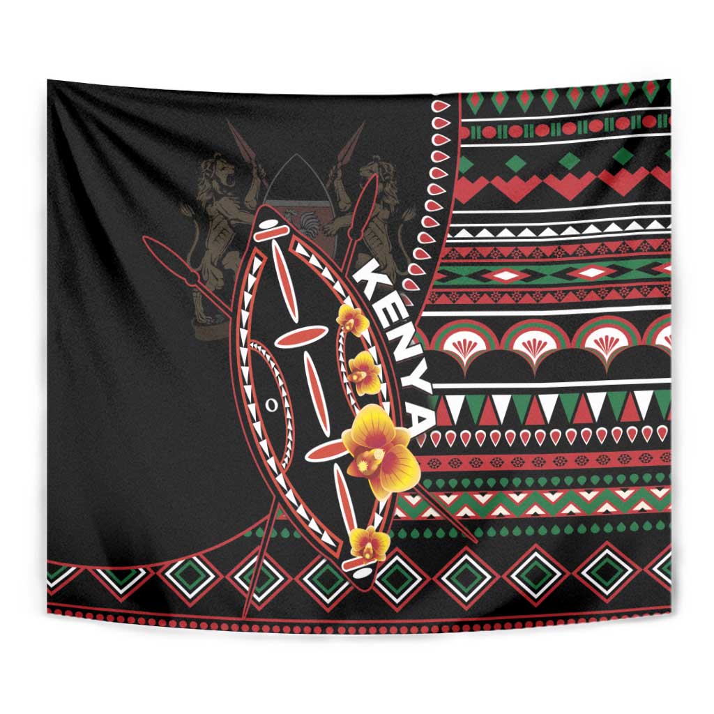 Black tapestry wall hanging close-up of colorful shield, flower accents, and borders