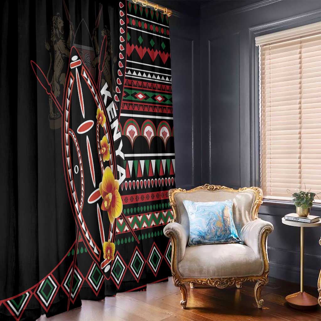 Black window curtain panels with red, green, and white tribal shield and floral accents