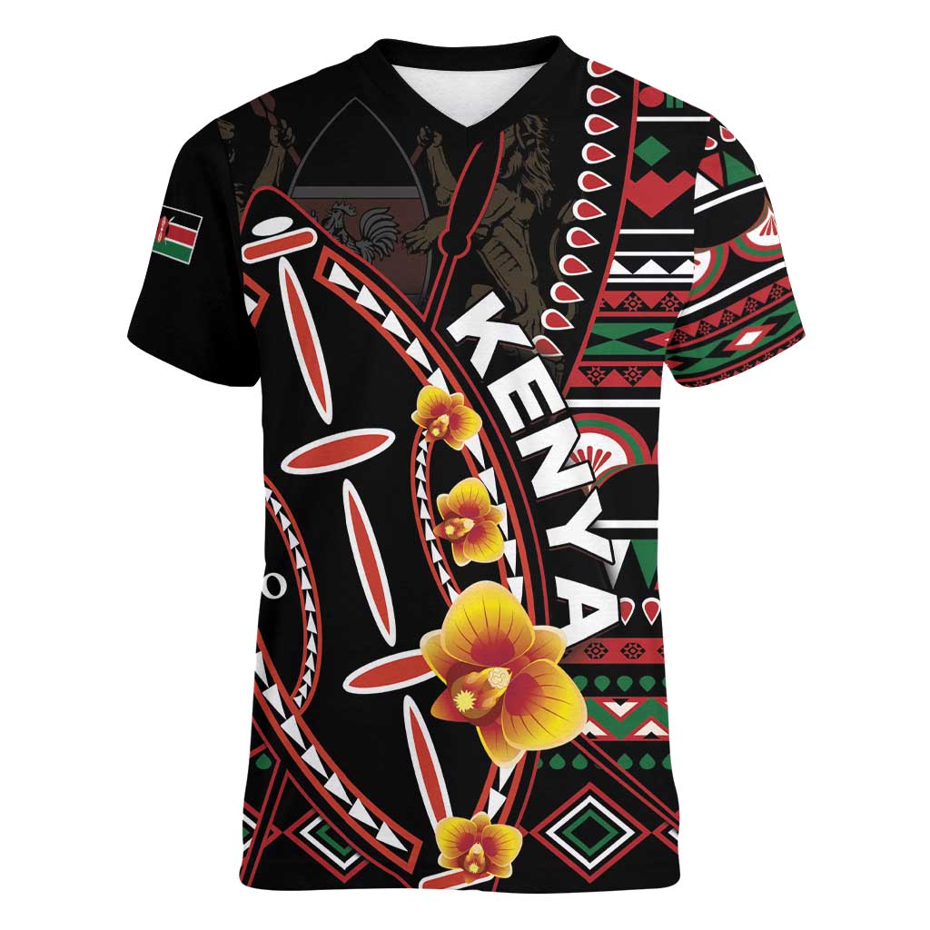 Personalized Kenya Women V-Neck T-Shirt Jamhuri ya Kenya Shield