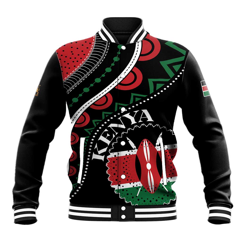 Black baseball jacket with bold African pattern front and striped ribbed collar cuffs