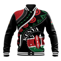 Black baseball jacket with bold African pattern front and striped ribbed collar cuffs
