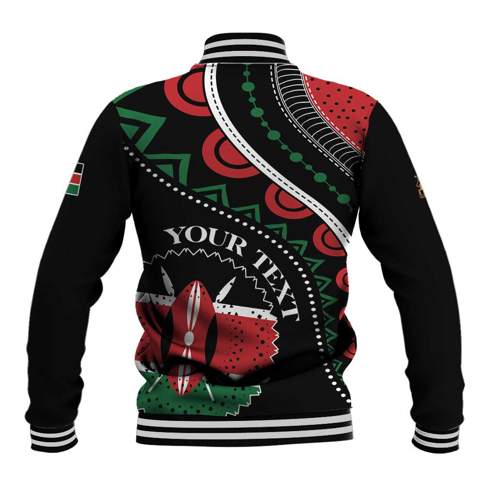 Black baseball jacket with African pattern on back, ribbed striped collar and hem