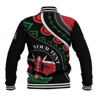 Black baseball jacket with African pattern on back, ribbed striped collar and hem
