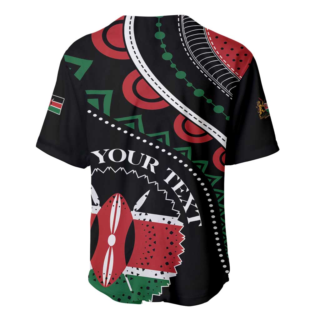 Black baseball jersey with Your Text graphic, bold African pattern, button-front V-collar