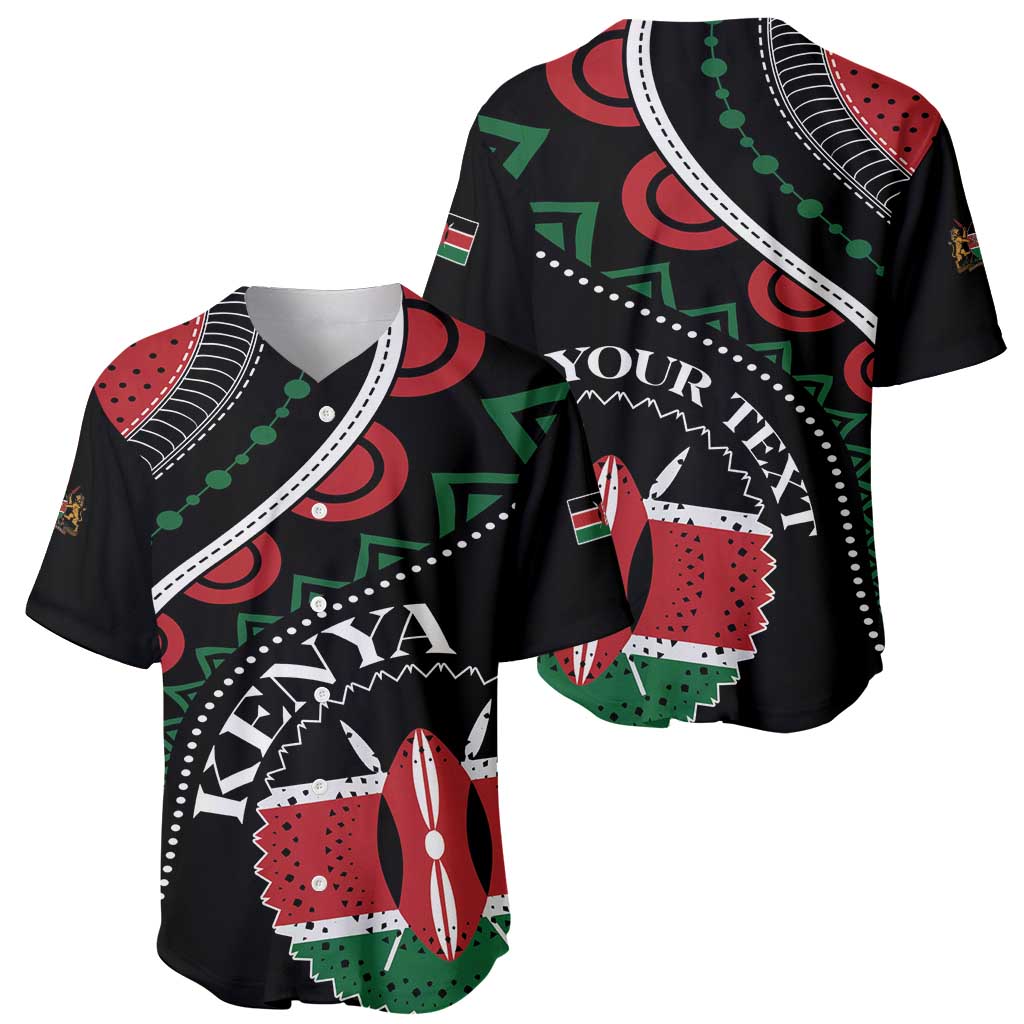 Black baseball jersey with colorful African geometric pattern and custom text design