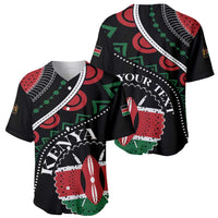 Black baseball jersey with colorful African geometric pattern and custom text design