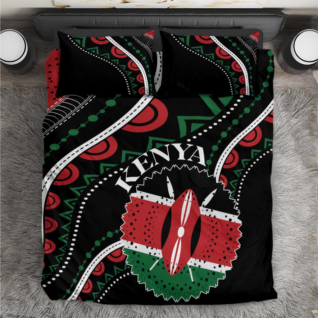 Black duvet set with Kenya graphic, red and green pattern, two matching pillowcases