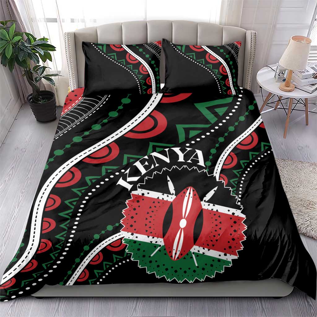 Black duvet cover with Kenya print, red and green African pattern, two pillowcases