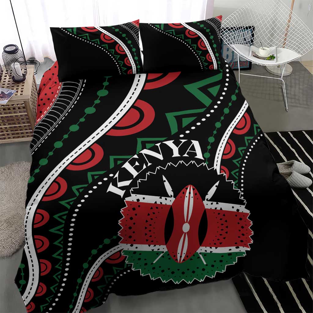 Black duvet with centered Kenya graphic, red and green pattern, two pillowcases