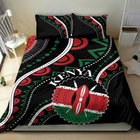 Black duvet set with Kenya lettering and floral graphic, red and green pattern, two pillows