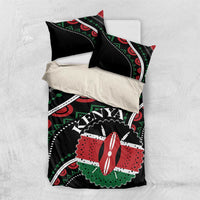 Black duvet cover set laid flat with Kenya graphic, red and green pattern, two pillowcases
