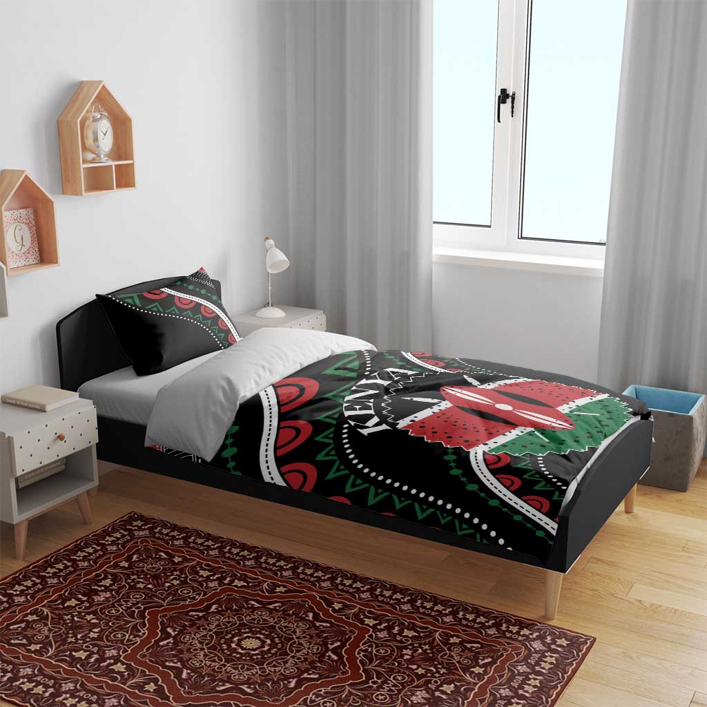 Black bedding set with Kenya print, red and green African pattern, duvet and two pillowcases