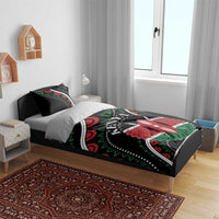 Black bedding set with Kenya print, red and green African pattern, duvet and two pillowcases