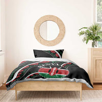 Black duvet cover with Kenya graphic, red and green pattern, matching pillowcase
