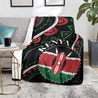 Black Kenya-themed blanket with red, green, white geometric and map-style patterns
