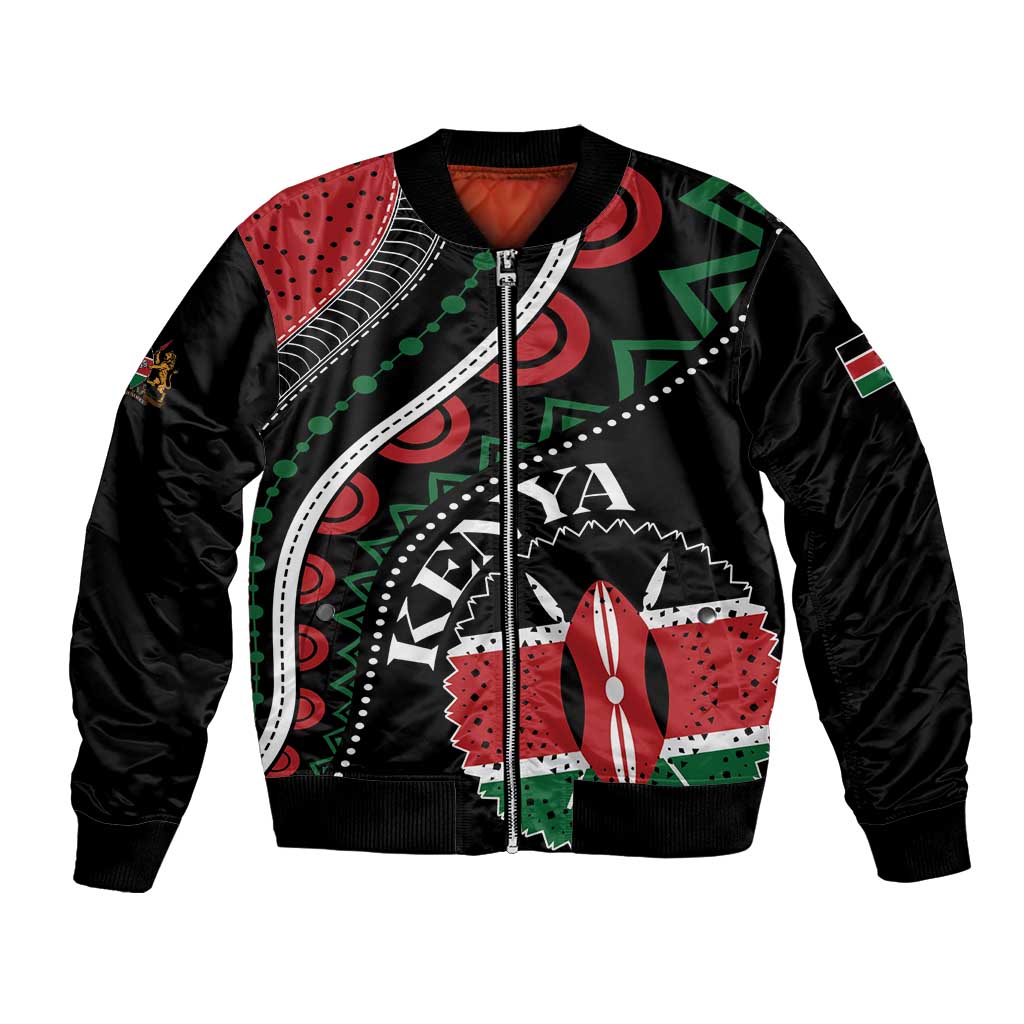 Black bomber jacket with colorful African graphic patch print, ribbed cuffs