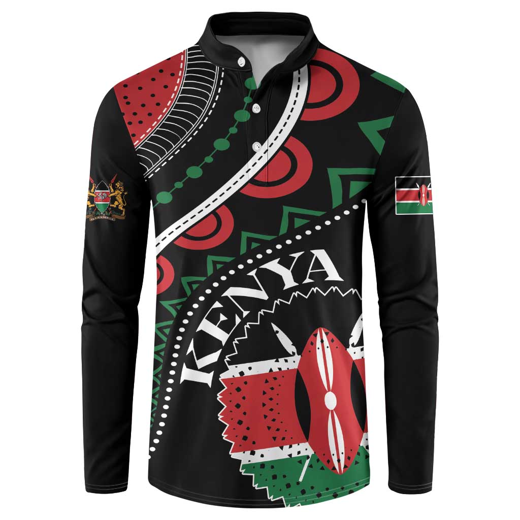 Black button sweatshirt with long sleeves, Kenyan African print and 'KENYA' graphic