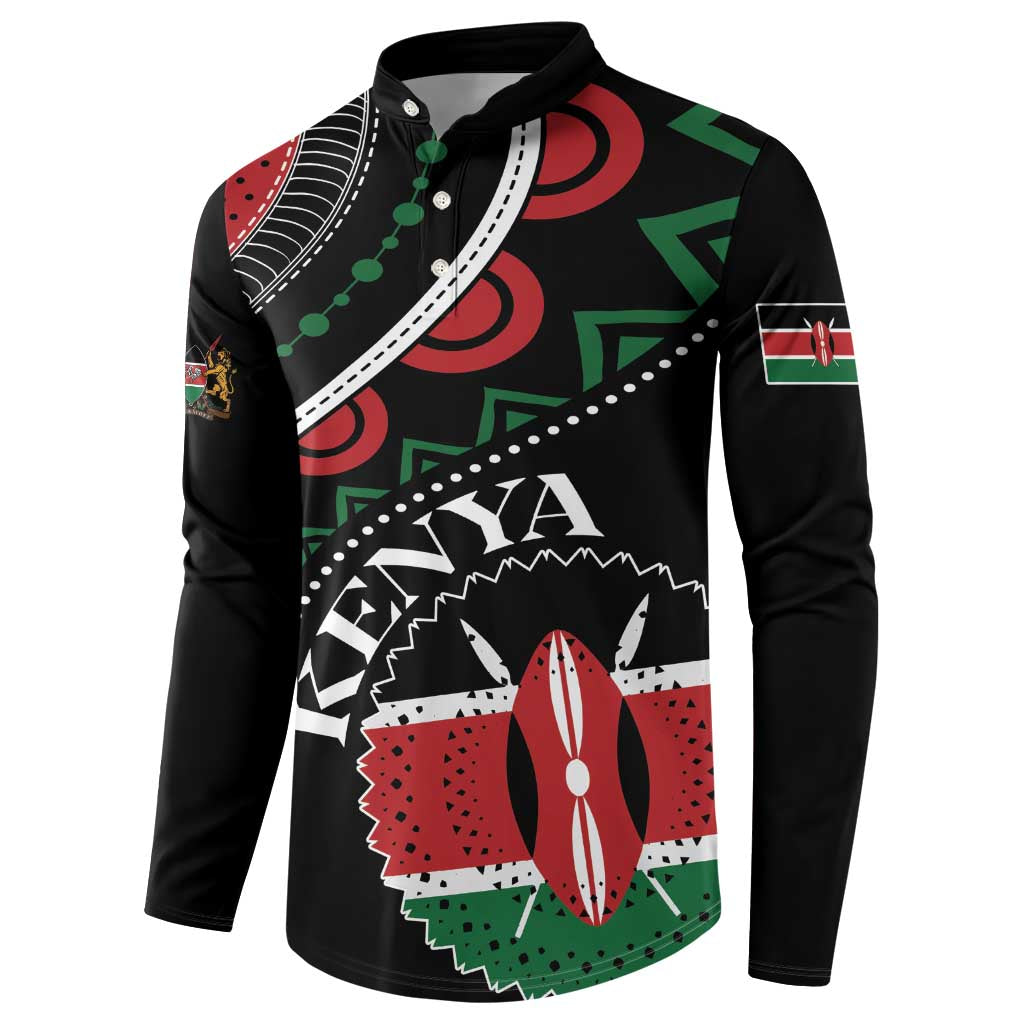 Black button sweatshirt with long sleeves, 'KENYA' print and Kenyan flag patch sleeve