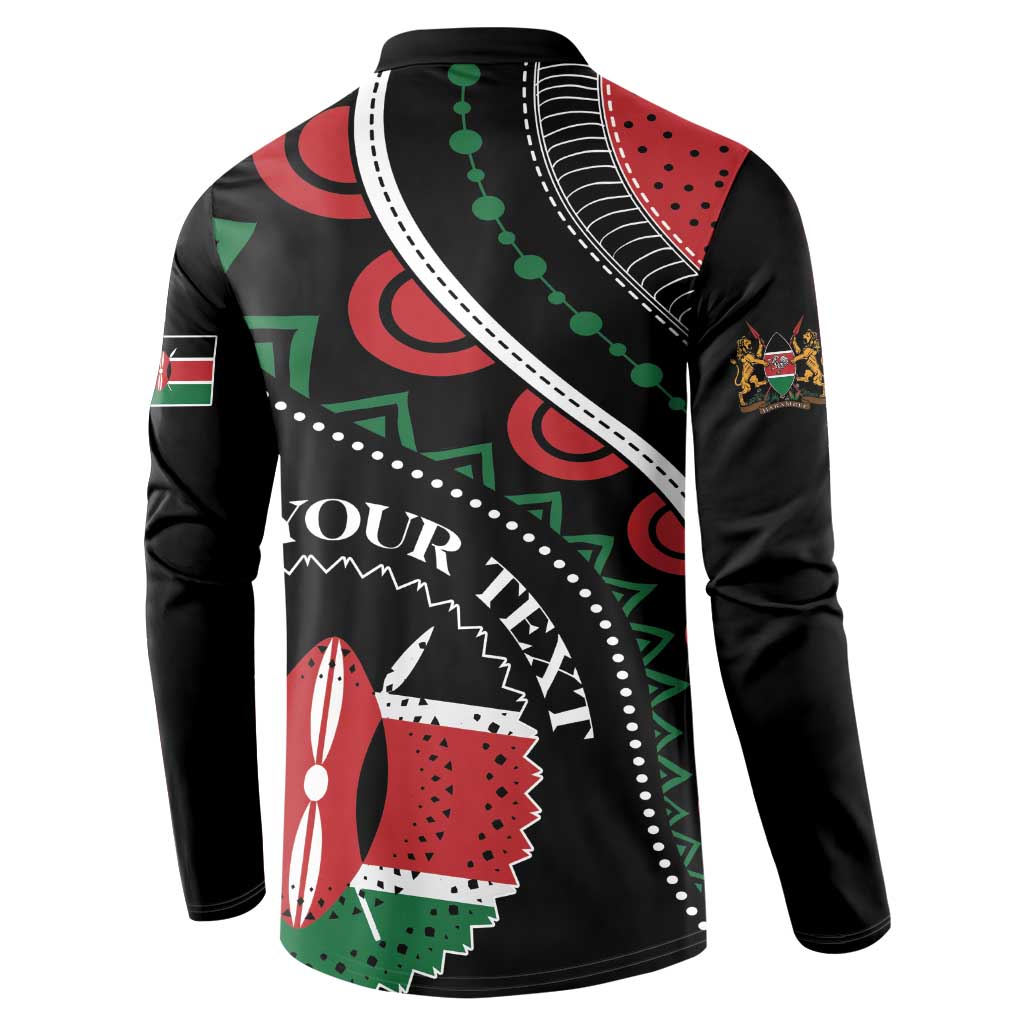 Black button sweatshirt with long sleeves, 'YOUR TEXT' across back in Kenyan pattern