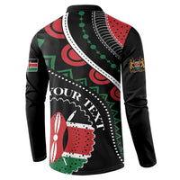 Black button sweatshirt with long sleeves, 'YOUR TEXT' across back in Kenyan pattern