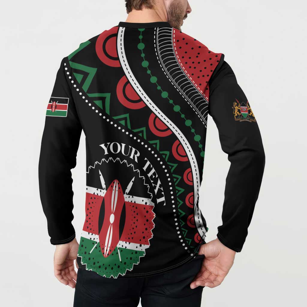 Black button sweatshirt back close-up, 'YOUR TEXT' lettering over Kenyan pattern