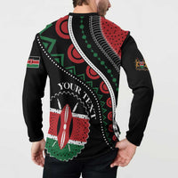 Black button sweatshirt back close-up, 'YOUR TEXT' lettering over Kenyan pattern