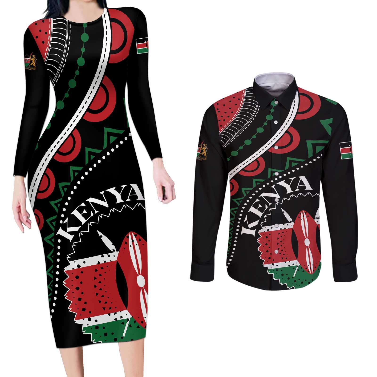 Personalized Kenya Couples Matching Long Sleeve Bodycon Dress and Long Sleeve Button Shirt Harambee African Pattern