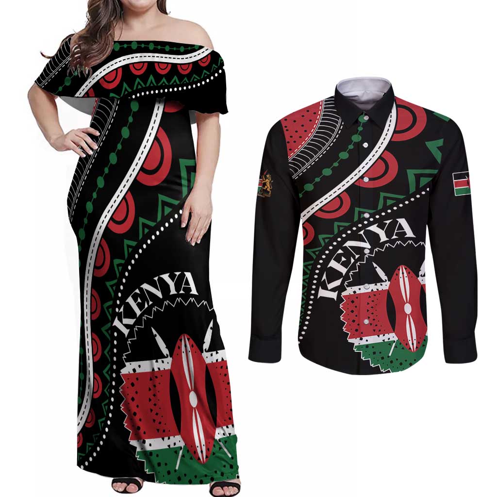 Personalized Kenya Couples Matching Off Shoulder Maxi Dress and Long Sleeve Button Shirt Harambee African Pattern