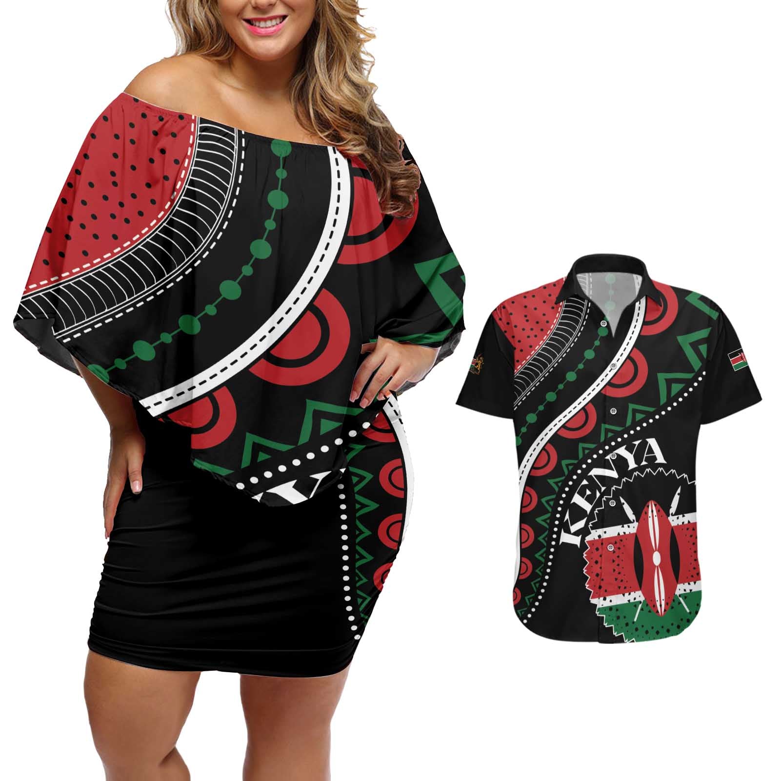 Personalized Kenya Couples Matching Off Shoulder Short Dress and Hawaiian Shirt Harambee African Pattern