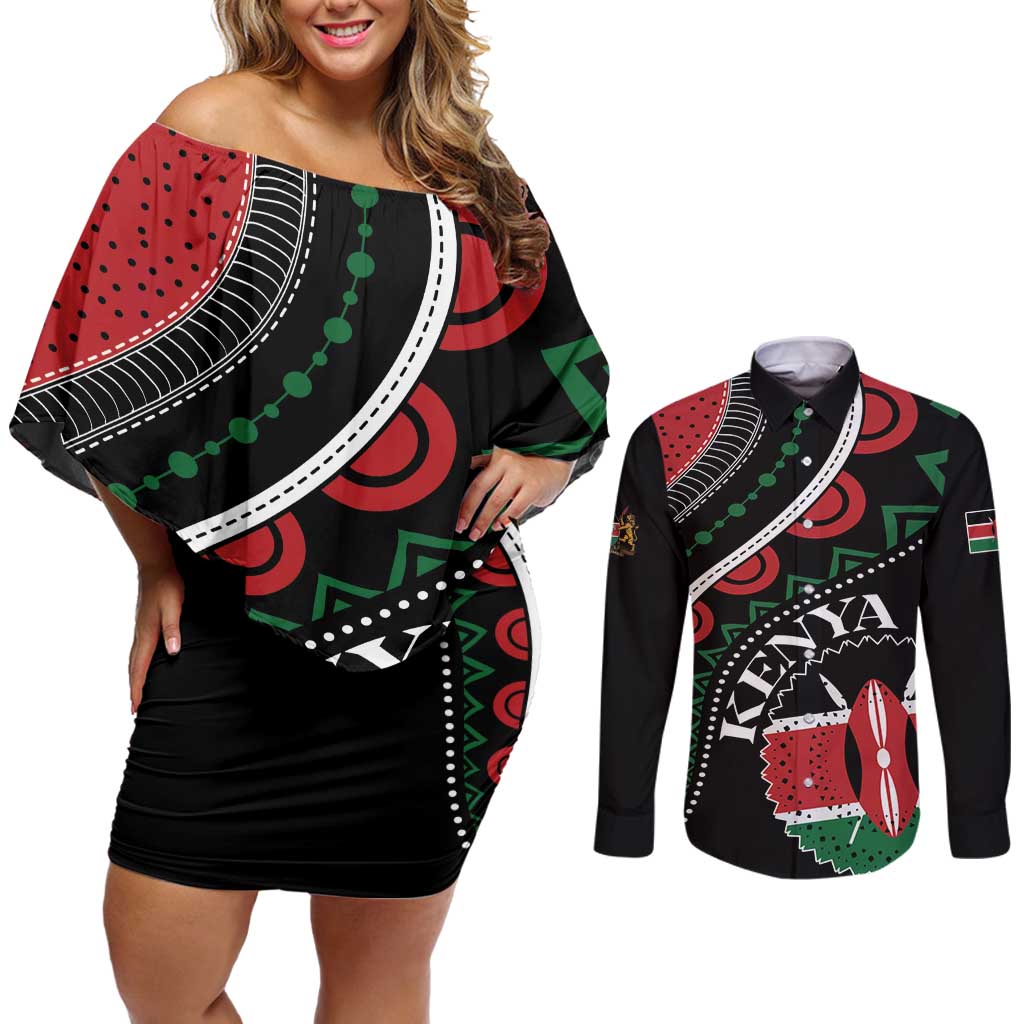 Personalized Kenya Couples Matching Off Shoulder Short Dress and Long Sleeve Button Shirt Harambee African Pattern