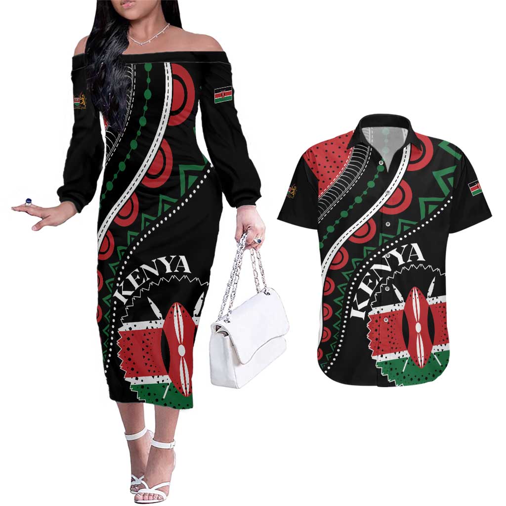 Personalized Kenya Couples Matching Off The Shoulder Long Sleeve Dress and Hawaiian Shirt Harambee African Pattern