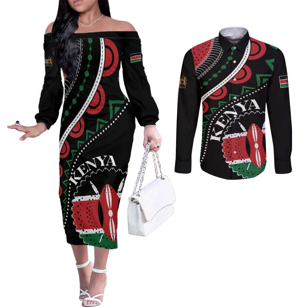 Personalized Kenya Couples Matching Off The Shoulder Long Sleeve Dress and Long Sleeve Button Shirt Harambee African Pattern