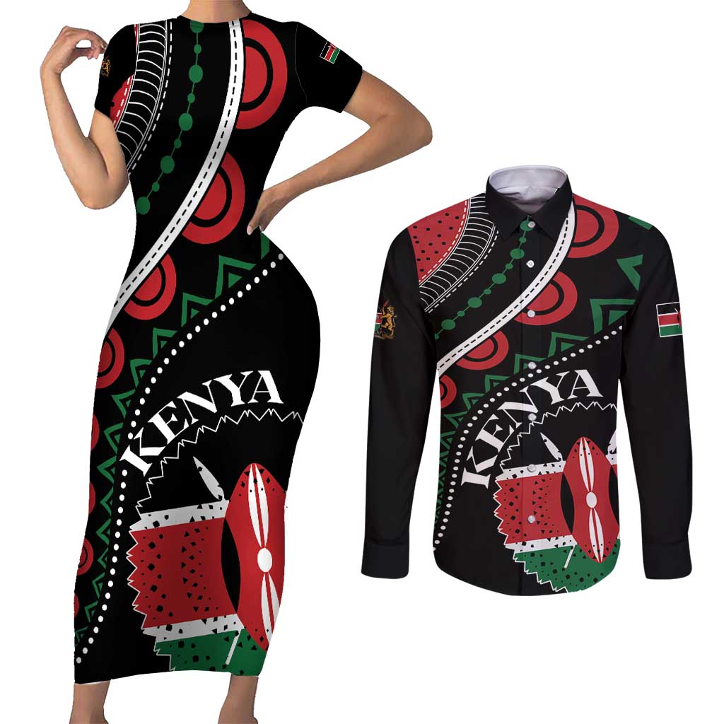 Personalized Kenya Couples Matching Short Sleeve Bodycon Dress and Long Sleeve Button Shirt Harambee African Pattern