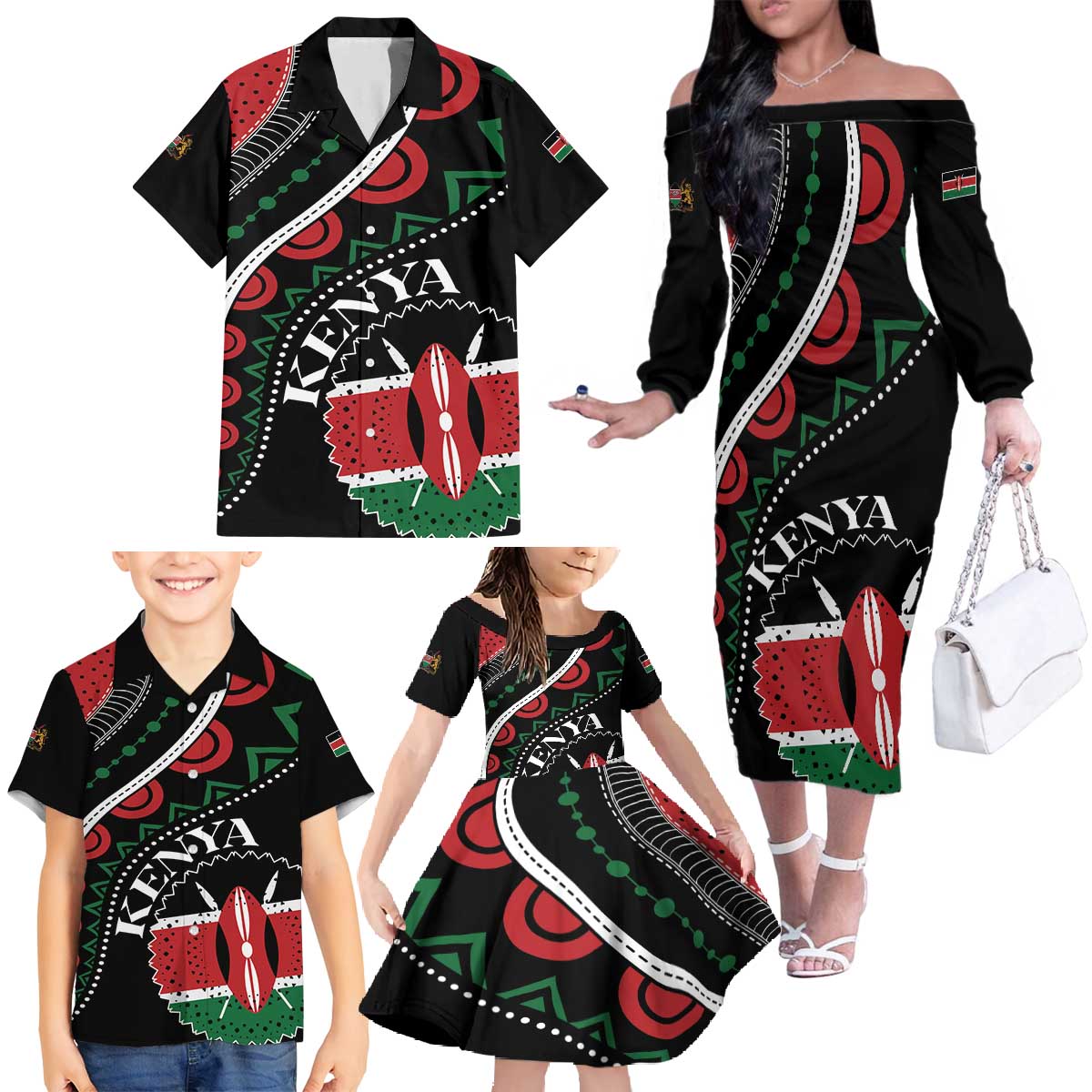 Personalized Kenya Family Matching Off The Shoulder Long Sleeve Dress and Hawaiian Shirt Harambee African Pattern