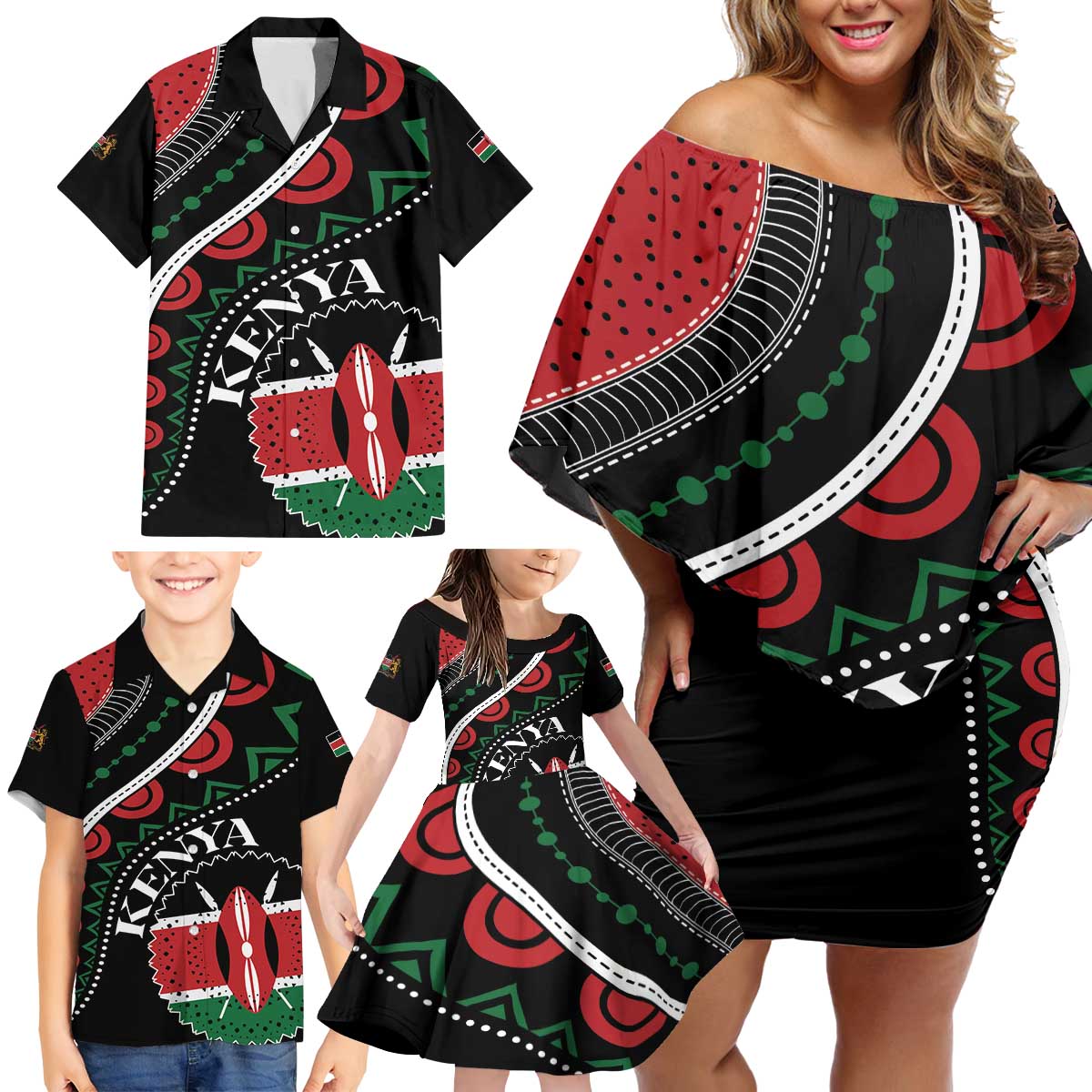 Personalized Kenya Family Matching Off Shoulder Short Dress and Hawaiian Shirt Harambee African Pattern