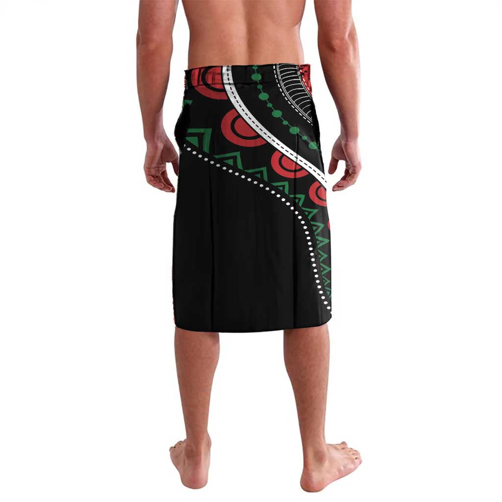 Wrap-style shorts in black with bold red green African pattern waistband