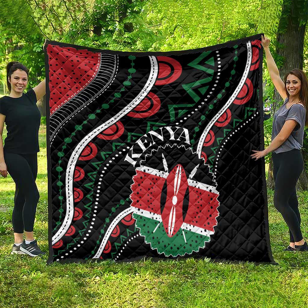 Black Kenya quilt featuring red, green, and white star flower with black geometric border