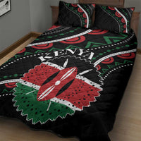 Black quilt bed set featuring KENYA banner and large red-green flower applique