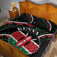 Black quilt bed set with KENYA lettering, red flower, green accents, and patterned borders
