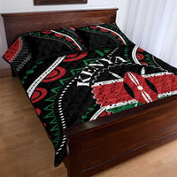 Black quilt bed set with KENYA print, red-green flower patch, and geometric border