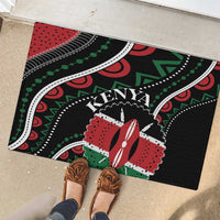 Black rubber doormat with Kenya name and red/green/white African pattern, rectangular shape.