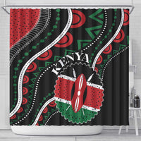 Black shower curtain with metal top grommets, Kenya lettering, and red, white, green emblem