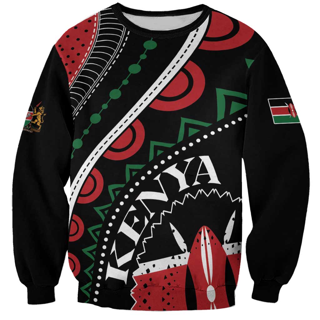 Black unisex sweatshirt with multicolor African pattern and central mountain/rocket graphic