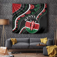Black African tapestry with bold Kenya emblem, red and green accents, and white curved borders